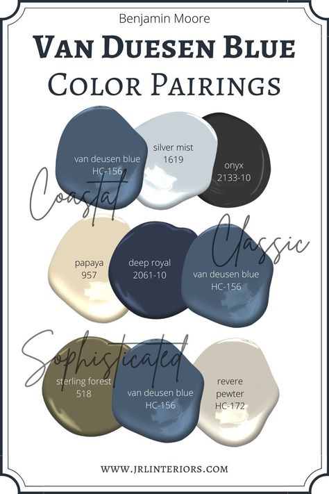 JRL Interiors — Best Blue Paint Color Pairings Dark Blue Interior Paint Colors, Popular Blue Paint Colors 2023, Historic Blue Paint Colors, 2024 Blue Paint Colors, Behr Dark Blue Paint Colors, Van Duesen Blue, Van Deusen Blue, Cape Style Homes, Blue Paint Color