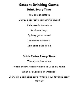 Scream Drinking Game Scream Movie Themed Birthday Party, Scream Drinking Game, Scream Themed Cocktails, Scream Movie Drinking Game, Movie Or Tv Show Drinking Games, Halloween Drinking Games Movie, Halloweentown Drinking Game, Slasher Party, Scream Party