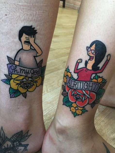 Pop Culture Matching Tattoos, Non Traditional Matching Tattoos, Bobs Burgers Couple Tattoos, Bob And Linda Couple Tattoo, Matching Bobs Burgers Tattoos, Old School Matching Tattoos, Bob’s Burger Tattoo, Traditional Tattoos Couples, Bobs Burgers Matching Tattoos