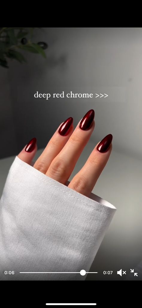 Burgundy Glossy Nails, Mocha Cherry Nails Chrome, Dark Nails Short Almond, Short Nails Ideas Dark Colour, Shiny Burgundy Nails, Red Dark Nails Design, Gel Nails Shimmer, Deep Cranberry Nails, Dark Red Magnetic Nails