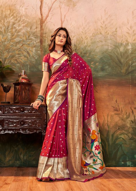 Buy Maroon Paithani Silk Saree for Wedding for Occasion Saree for Online in India - Etsy Paithani Silk Saree, Paithani Saree, Weaving Designs, Half Sleeve Blouse, Trendy Sarees, Madurai, Silk Sarees Online, Mysore, Traditional Sarees