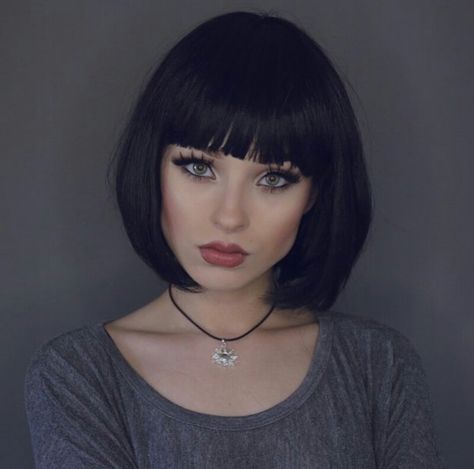 Black bob with fringe-very nice                                                                                                                                                                                 More Heavy Bangs, Bob With Fringe, Short Haircuts With Bangs, Chic Short Haircuts, Short Black Hair, Bob Hairstyles With Bangs, Black Bob, Classic Bob, Sleek Bob