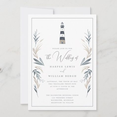 Nautical lighthouse wedding invitation Sailboat Wedding Invitation, Coastal Invitation Wedding, Lighthouse Wedding Invitations, Hand Drawn Foliage, Nautical Wedding Stationery, Starfish Wedding Invitations, Lighthouse Wedding, Coastal Charm, Coastal Wedding