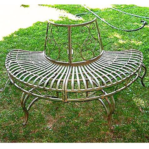 Wrought Iron Half-Round Tree Bench, Antique Green Bench Plant Stand, Bench Around Trees, Wrought Iron Garden Furniture, Wrought Iron Plant Stands, Tree Seat, Garden Seats, Patio Walkway, Metal Garden Benches, Creating A Garden