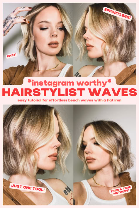 If you are trying to achieve those loose, casual, beachy, LA-girl waves; this is the perfect tutorial for you! I will walk you through how to achieve the perfect loose waves with just one tool! - a single flat iron. Click the link, practice along with me, and let me know how my methods work for you! Be Achy Waves Short Hair, Bend Waves Short Hair, Styling Beach Waves, Loose Waves Short Hair, Beachy Waves Short Hair, Beach Waves With Flat Iron, Wavy Hair Diy, Waves For Short Hair, Bobs Video