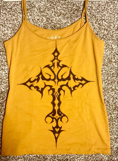 I just finished painting this im so happy its not lopsided bc my dumbass desided to go free hand with a permanent marker instead of using chalk to sketch it out. . #crossshirt #y2kig #paintedshirt Bleach Designs On Tank Top, Bleach Tshirt Designs Y2k, Bleach Cross Shirt, Grunge Bleached Festival Tops, Bleach Painted Clothes, Bleached Tank Top Grunge, Bleached Clothing, Spray Paint Shirt, Bleach Shirt Diy