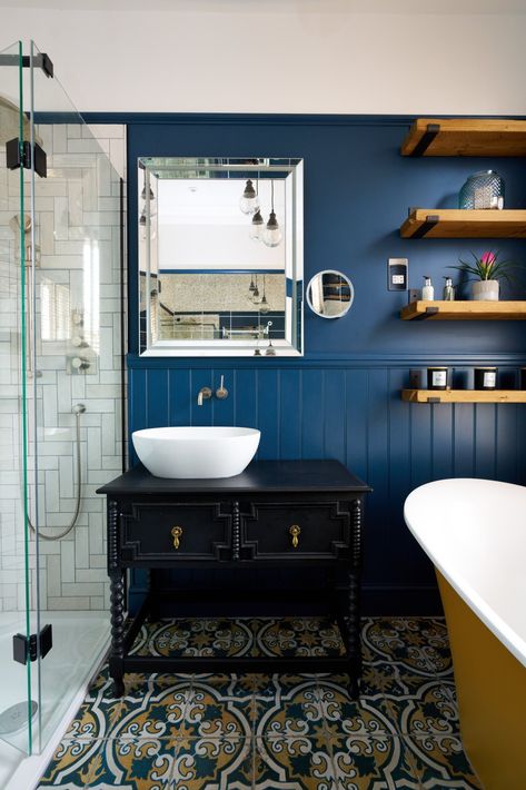 Stylish Blue and Black Bathroom with Upcycled Vanity and Antique Mirrored Tiles | The Brighton Bathroom Company Blue And Black Bathroom, Upcycled Bathroom Vanity, Upcycled Vanity, Bathroom Vanity Antique, Upcycled Bathroom, Vanity Antique, Dark Blue Bathrooms, Modern Vintage Bathroom, Vintage Inspired Bathroom