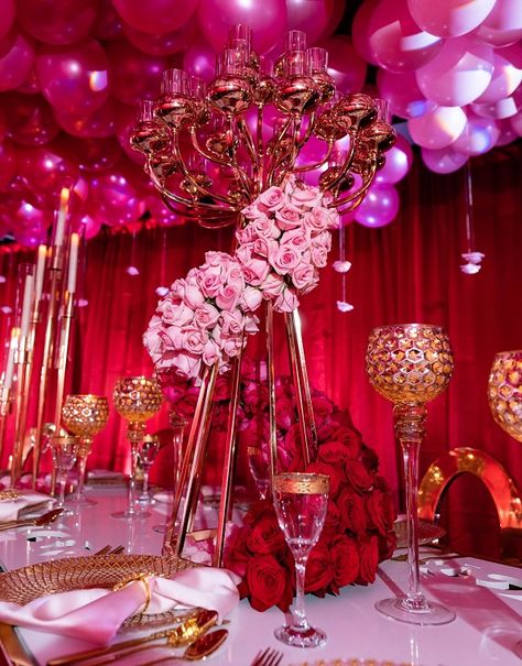 Gold and Red Valentine Themed Wedding Decorations Red Birthday Decorations For Women, Pink Red And Gold Wedding, Pink And Red Sweet 16, Red Pink Gold Black Wedding, Red And Pink Sweet 16 Decorations, Pink Red And Gold Wedding Theme, Pink And Red Decorations, Red Pink And Gold Party Decorations, Sweet 16 Valentines Theme