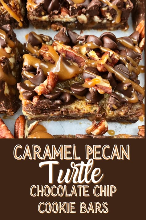 Caramel Pecan Turtle Chocolate Chip Cookie Bars | All the Sweets Turtle Cookie Bars, Pecan Turtles, Chocolate Store, Pecan Desserts, Turtle Cookies, Chocolate Turtles, Pecan Bars, Dessert Bar Recipe, Chocolate Chip Cookie Bars