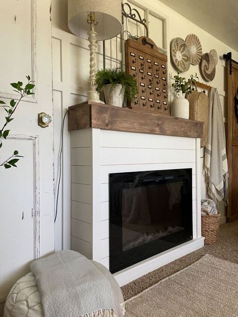 Diy Built In Fireplace Electric, Diy Faux Fireplace, Fireplace Cabinet, Faux Mantle, Storage Building Plans, Diy Farmhouse Ideas, Electric Fireplace Mantle, Fireplaces Ideas, Fake Fireplace