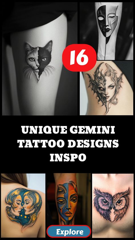 "Collage of intricate Gemini-themed tattoo designs including cats, masks, and celestial motifs." Gemini Art Tattoo, Unique Gemini Tattoo, Gemini Tattoo Ideas, Twin Symbol, Gemini Tattoo Designs, Gemini Symbol, Gemini Art, Virgo Tattoo, Tattoo Skull