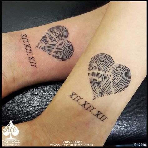 The #Power of l#Love bonds two #souls into one! Such is this couple who got each others #thumbprint #tattooed incorporated in a heart with the date when they first met eachother. Simple yet Powerful Design. #Kingstattoosupply #acetattooz www.acetattooz.com Artist:- #AdityaPanchu Size:- 2' x 2' approx placement:- #Wrist Thumbprint Tattoo, Pair Tattoos, Fingerprint Tattoos, Him And Her Tattoos, Flame Tattoo, Wife Tattoo, Best Couple Tattoos, Couples Tattoos, Cute Couple Tattoos