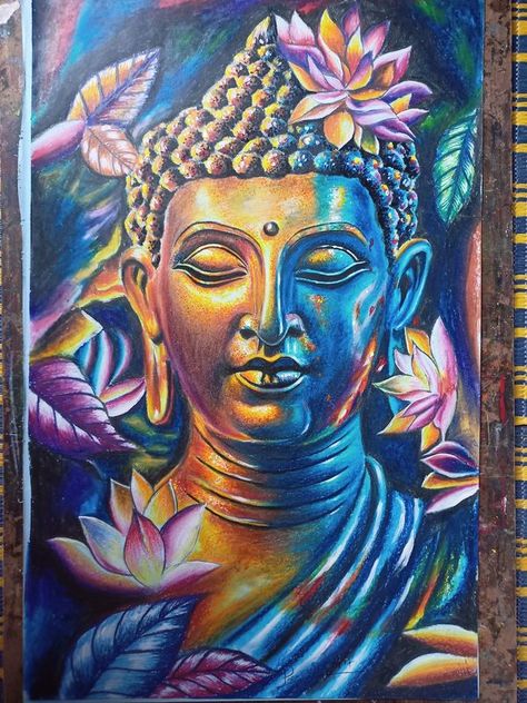 Prosenjit arts Oil Pastel Buddha Drawings, Oil Pastel Artwork Ideas, Krishna Oil Pastels Drawing, Artwork Reference, 3d Rangoli, Art Competition Ideas, Buddha Painting Canvas, Hanging Crafts, Oil Pastel Colours