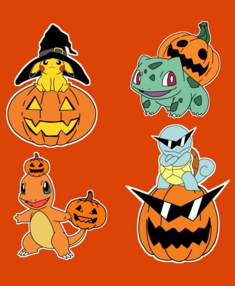 Pikachu, Bulbasaur, Charmander & Squirtle - Halloween, Pokemon Pokemon Halloween Decorations, Halloween Pokemon Art, Squirtle Halloween, Halloween Pikachu, Halloween Pokemon, Pikachu Halloween, Halloween Classroom Decorations, Moldes Halloween, Pokemon Halloween