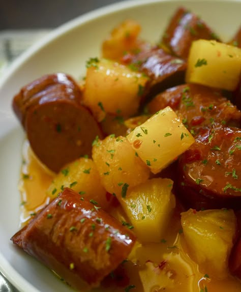 Slow Cooker Sausage and Pineapple Kiolbassa Recipes, Sausage And Pineapple, Sweet And Sour Kielbasa, Pineapple Sausage, Kielbasa Crockpot, Turkey Kielbasa, Recipe Diaries, Slow Cooker Sausage, Sausage Crockpot