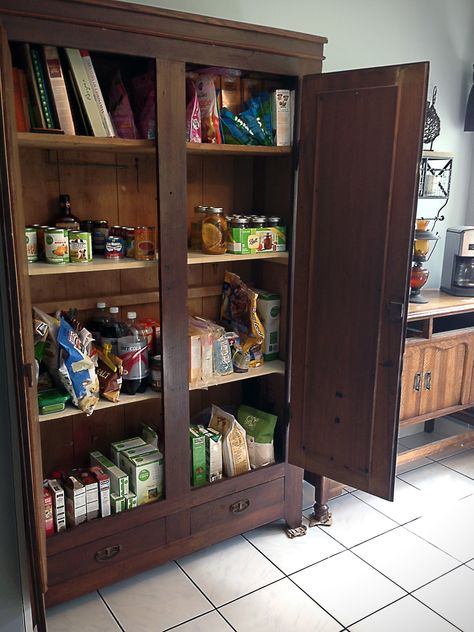 How to turn and old wardrobe into a pantry How To Turn An Armoire Into A Pantry, Furniture Pantry Cabinet, Make Your Own Pantry Cabinet, Dresser As Pantry, Wardrobe As Pantry, Unfitted Kitchen Storage, Antique Kitchen Pantry, Old Wardrobe Ideas, Unfitted Kitchen Pantry