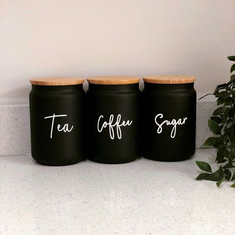 Black Accessories Kitchen, Black White Kitchen Decor Ideas, Beige And Black Kitchen Decor, Black Canisters For Kitchen, Black And Grey Kitchen Ideas Decor, Black Farmhouse Kitchen Decor, Black Home Organization, Black Home Decor Kitchen, Black Kitchen Supplies