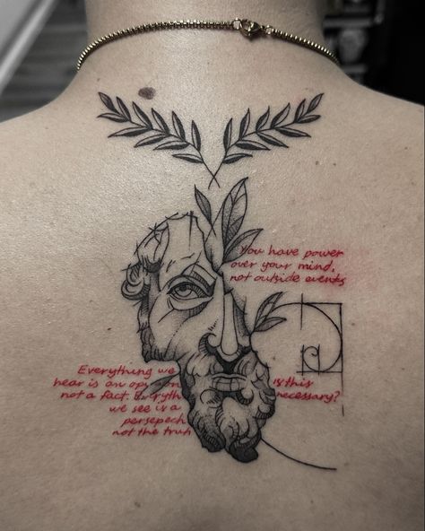 Stoic mentality #stoictattoo #stoic #redandblacktattoos #marcoaureliotattoo Stoic Tattoo Design, Stoicism Tattoo Sleeve, One Must Imagine Sisyphus Happy Tattoo, Sisyphus Tattoo Minimalist, Aristotle Tattoo, Stoic Tattoos For Men, Mentality Tattoo, Stoicism Tattoo Ideas, Concept Tattoo Ideas