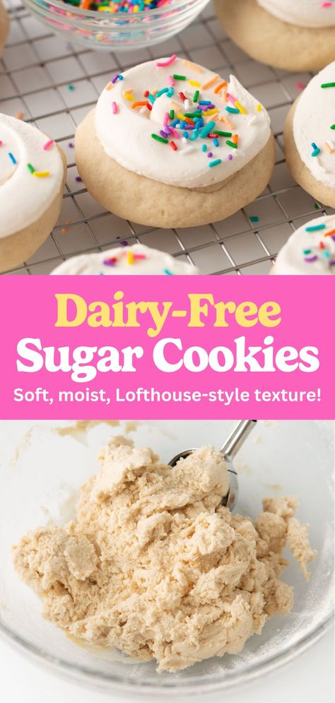 Soft, moist, and fluffy dairy-free sugar cookies that taste just like traditional cookies! With a vanilla almond buttercream, these are perfect for decorating as Christmas cookies or any special occasion! Dairy And Soy Free Cookies, Sugar Cookies Dairy Free, Gluten Free Egg Free Sugar Cookies, Dairy Free Sugar Cookies Cut Out, Sugar Cookie Recipe Dairy Free, Dairy Free Cookie Frosting, Diary Free Cookies, Dairy Free Cookie Icing, Dairy Free Frosting For Sugar Cookies