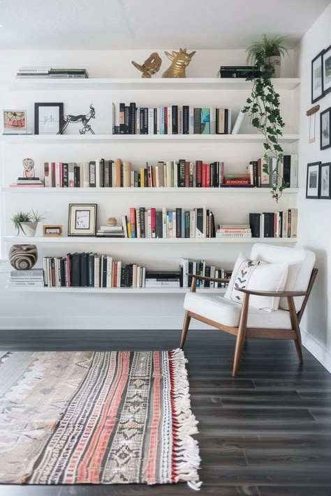 Library Wall Shelves, Small Living Room Library Ideas, Small At Home Library, Wall Library Ideas, Library Wall In Bedroom, Built In Corner Shelves Living Room, Wall Library Design, Bookshelf Wall Living Room, Book Shelf Wall Ideas