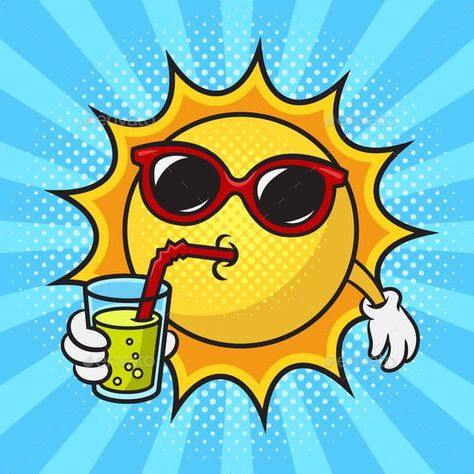 Cartoon Sun in Sunglasses Drinking Cool Drink Sun With Sunglasses Drawing, Drink Art Illustration, Drinking Cartoon, Sunglasses Cartoon, Cartoon Sunglasses, Sun Cartoon, Beer Cartoon, Sun Drawing, Retro Vector Illustration