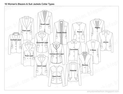 Collar Styles with Illustrations and Technical Terms Types Of Collars Illustration, Jacket Technical Drawing, Types Of Women Dresses, Blazer Collar Pattern Drafting, Blazer Technical Drawing Woman, Types Of Blazers, Lapel Collar Pattern Drafting, Butterfly Legs, Types Of Suits