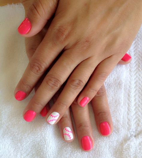 Baseball nail Pink Baseball Nails, Nails Details, Baseball Nails, Dip Nails, Colorful Nails, Dipped Nails, Fun Nails, Pretty Nails, Hair And Nails