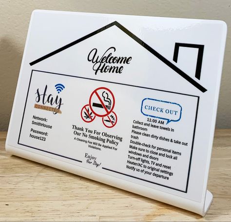 Provide your guests with important information at your front counter or entryway to prevent any future issues with their stay. #airbnbhost #vrbo #airbnbsuperhost #airbnbtips Air Bnb Tips, House Rules Sign, Airbnb Welcome Sign, Laser Engraved Acrylic, Apartment Deco, Airbnb Host, House Rules, Short Term Rental, Custom Door