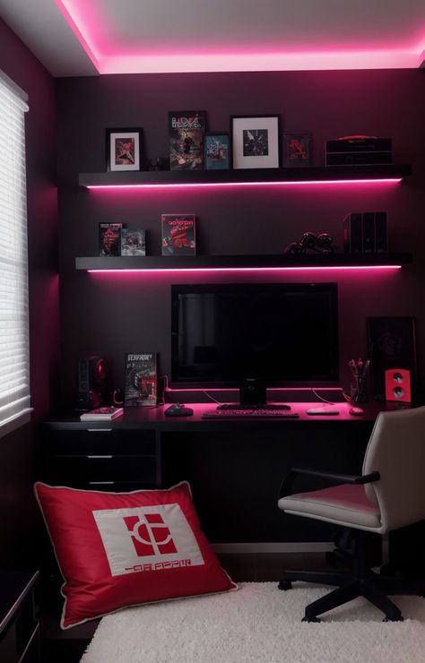 Create a neon gamer bedroom aesthetic by adding a LED strip behind the headboard and using a gaming-themed wallpaper. Accessorize with gaming posters, a bean bag chair, and a desk with RGB lighting for a futuristic touch. Gamer Bedroom Aesthetic, Gamer Themed Bedroom, Boys Bedroom Gamer, Boys Gaming Room, Bedroom Gamer, Gamer Aesthetic, Game Room Lighting, Gamer Bedroom, Teenager Bedroom Boy