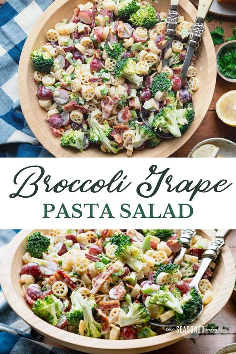 This broccoli grape salad is loaded with flavors and textures thanks to tender pasta, fresh veggies, juicy grapes, smoky bacon, and crunchy pecans all tossed together in a creamy dressing. It's a perfect side dish for weeknight dinners, cookouts, potlucks, and holiday tables! Grape Pasta Salad, Grape Pasta, Broccoli Grape Salad, Amish Broccoli Salad, Pasta Fresh, Potluck Dinner, Creamy Dressing, Grape Salad, Crunchy Pecans