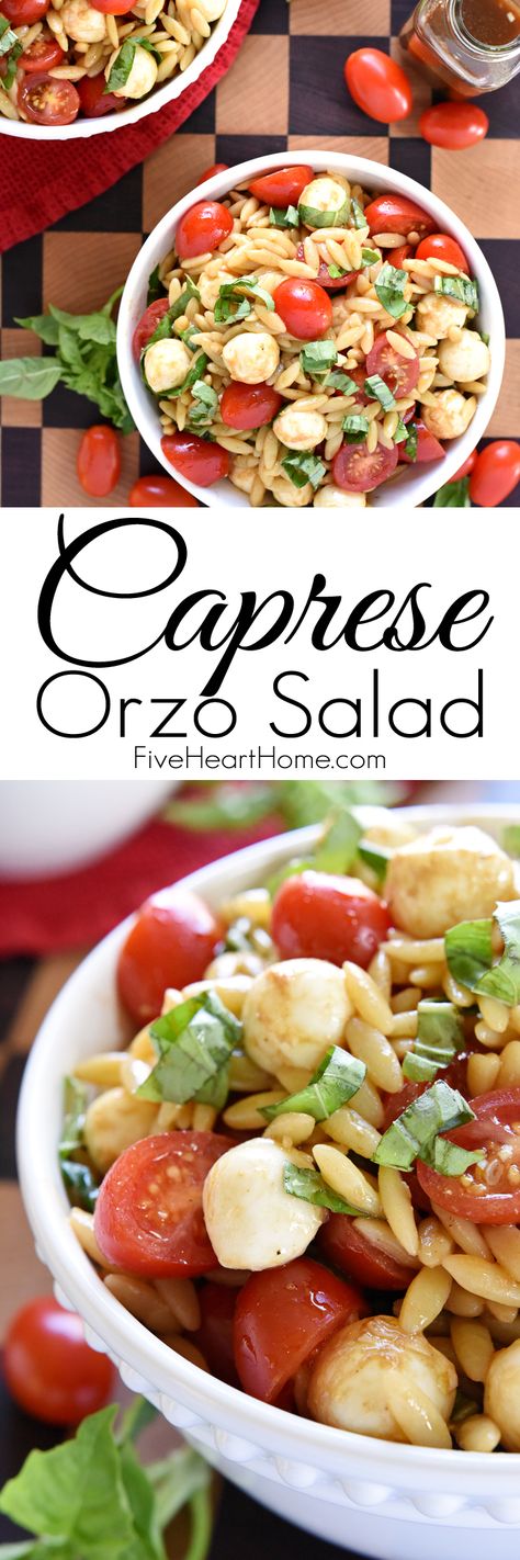 Caprese Orzo Salad ~ a vibrant summer pasta salad featuring juicy tomatoes, creamy balls of mozzarella, and ribbons of fresh basil, all topped off with a flavorful balsamic vinaigrette! | FiveHeartHome.com Caprese Orzo, Garlic Balsamic, Orzo Recipes, Orzo Salad, Summer Pasta Salad, Pasta Salads, Juicy Tomatoes, Balsamic Vinaigrette, Tomato Recipes