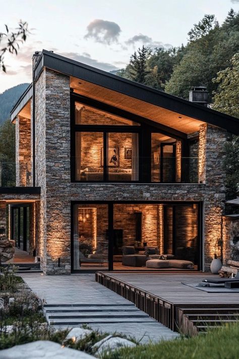 Mountain village modern house with stone facade modern windows large porch overlooking mountain village. The irresistible charm of village house designs — these gems turn humble abodes into enchanting rural escapes. Large Porch, Terracotta Roof, Stone Facade, Suburban House, Rustic Stone, Modern Mansion, Stone Cottage, Village House, Mountain Village