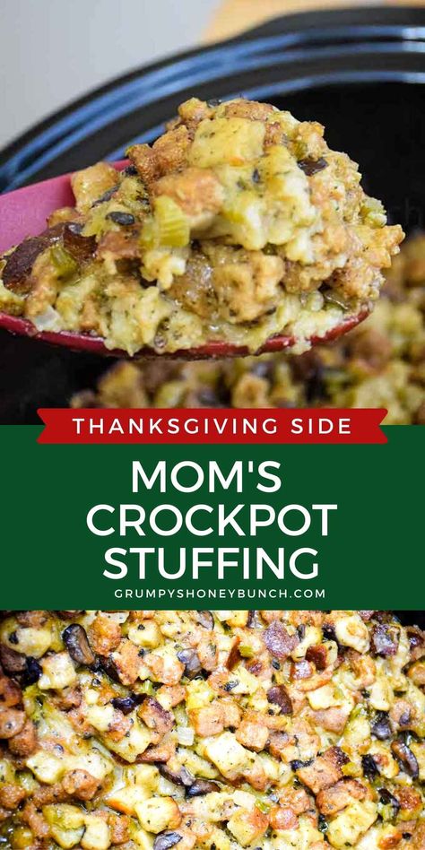 This tried and true recipe for Mom's Crockpot Stuffing is a family favorite. With crispy bits and packed with flavor, this slow cooker recipe frees up the oven for the rest of your Thanksgiving dinner. Get this thanksgiving side dish recipe and more at Grumpy's Honeybunch website. Crockpot Boxed Stuffing Recipes, Slow Cooker Turkey Dressing, Classic Stuffing Recipes Crockpot, Turkey Stuffing Recipes Thanksgiving Slow Cooker, Thanksgiving Crockpot Stuffing, Best Crock Pot Stuffing Thanksgiving, Thanksgiving Dressing Recipes Crockpot, Crockpot Stuffing With Mushrooms, Dressing In Crockpot Thanksgiving