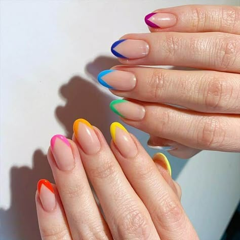 30+ Rainbow Nails You Need To Try This Summer! - Prada & Pearls Olive Nails, Rainbow Nails Design, Colored Acrylic Nails, Nails For Kids, Rainbow Nails, Classy Nails, Dream Nails, Chic Nails, French Tip Nails