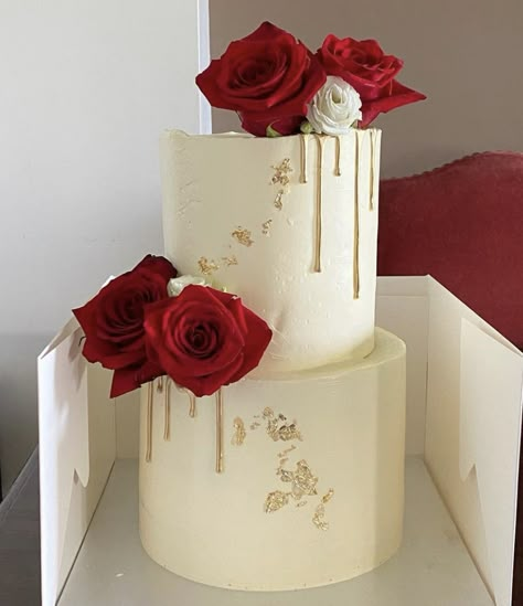 Red Cake 2 Tier, 50th Birthday Cake Red And Gold, Red Tier Cake, Two Tier Anniversary Cake Designs, White Cake Red Roses, Red White And Gold Wedding Cake, Two Tier Birthday Cake For Women Elegant, Anniversary Cake 2 Tier, Red Wedding Cake Elegant