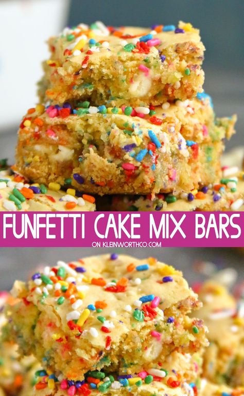 Funfetti Cake Mix Bars are a simple & easy dessert recipe for celebrating birthdays, special events or holidays. If you love Funfetti, these are a must make! Confetti Cake Mix Cookies, Funfetti Cake Mix Cookies, Cake Mix Bars, Cake Mix Cookie, Pear And Almond Cake, Sunday Food, Cake Mix Cookie Bars, Confetti Bars, Smart Cookies