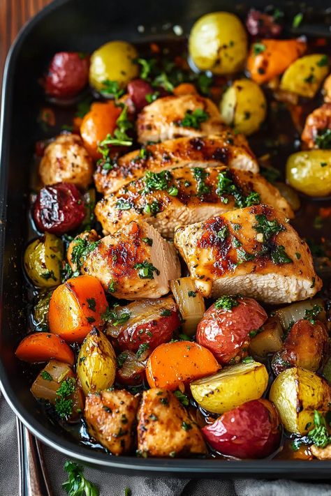 One Pan Balsamic Chicken Healthy Dinner With Veggies, Vinegar Dinner Recipes, Stove To Oven Recipes Dinners, Chicken And Veggies Recipe, Balsamic Baked Chicken With Mozzarella, Baked Chicken Vegetables, Balsamic Chicken With Roasted Vegetables, Chicken Recipes Heart Healthy, Oven Chicken With Veggies