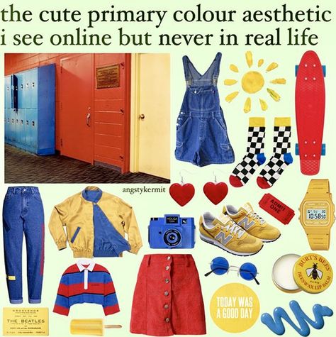 love Primary Outfits, Primary Color Outfit, 80s Aesthetic Outfits, Fashion Aesthetic Outfits, Color Outfits, Niche Memes, 80s Aesthetic, Fashion Aesthetics, Zooey Deschanel