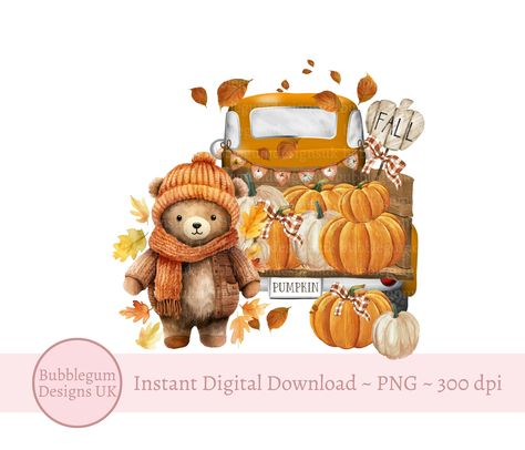 Fall Bear Wallpaper, Truck With Pumpkins Painting, Fall Trucks With Pumpkins, Autumn Teddy Bear, Patch T Shirt, Autumn Bear, Bear Pumpkin, Fall Truck Clipart, Teddy Bear Png