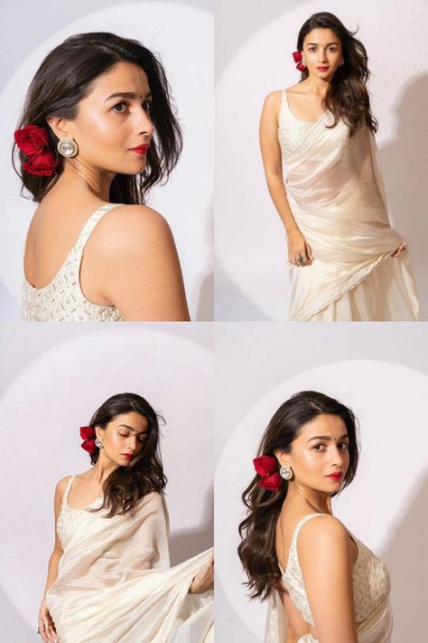 Short Hairstyle With Lehenga, Hair Bun Indian Style, Hairstyles On Black Dress, Alia Bhatt Hairstyles Wedding, Short Hair Lehenga Hairstyles, Aesthetic Saree Hairstyles, Wedding Hairstyles Indian Short Hair, Hairstyles On Designer Saree, Saree And Gajra Look