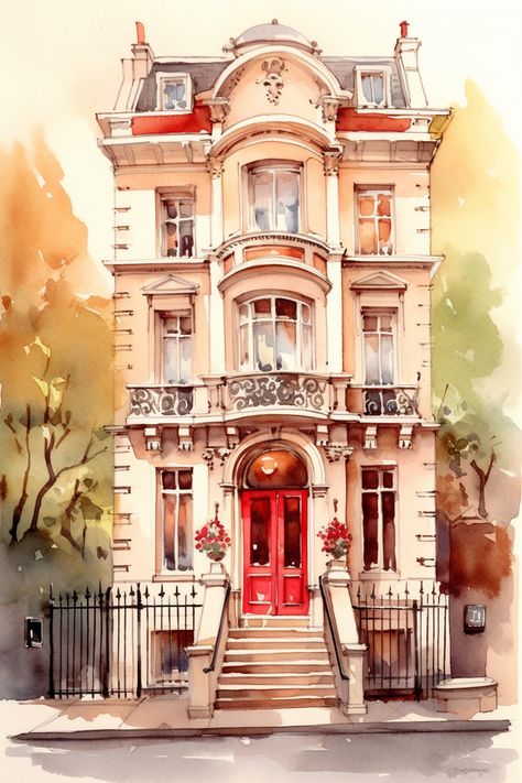 London Brownstone, Watercolor Art Architecture, Watercolor London, London Watercolor, London Drawing, Acrylic Portrait Painting, San Myshuno, Watercolor City, Building Painting