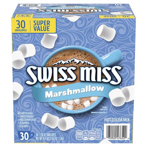 Enjoy each sip of Swiss Miss Marshmallow Hot Cocoa Mix. It's the warm, comforting hot cocoa drink that's perfect for mornings, snow days, and sweet evening treats. Made with real milk, this Swiss Miss Hot Cocoa with marshmallows has the timeless flavor that moms know and kids love. This delicious hot drink with mini marshmallows has 160 calories per serving. So, after a long day of work or play, enjoy a moment of chocolatey relaxation. Swiss Miss Hot Chocolate, Hot Chocolate Packets, Hot Cocoa Packets, Walmart Food, Walmart Products, Dr Food, Danish Cookies, Brand Food, Burr Basket