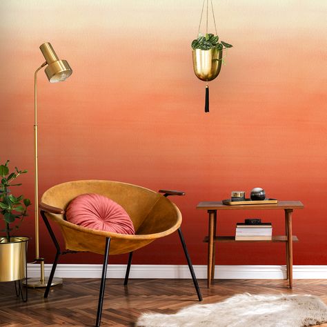 Coral Pink Accent Wall, Orange Ombre Wall, Ombre Accent Wall, Avalana Design, Orange Wall Mural, Southwest Living Room, Orange Painted Walls, Striped Accent Walls, Pink Accent Walls