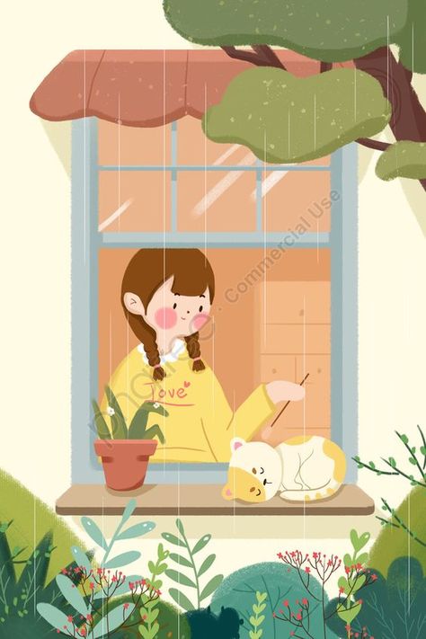 Balcony Illustration, Rain Illustration, Window Illustration, Drinking Milk, Frog Illustration, Spring Illustration, Illustration Art Kids, Cat Plants, Cat Window