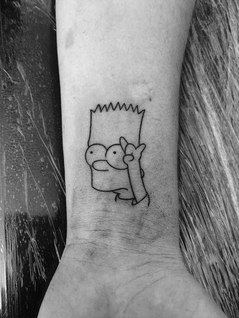 Small Bart Simpson Tattoo, Brappp Tattoo, Small Line Work Tattoo Men, The Simpsons Tattoo Minimalist, Bart Simpson Tattoo Design, The Simpsons Tattoo Ideas, Simpson Tattoo Design, Tomboy Tattoo Ideas, Line Work Tattoo Men