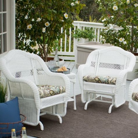 Coral Coast Casco Bay Resin Wicker Outdoor Glider Chair, White Three Season Porch Ideas, Screen Porch Furniture, Blue Dining Room Decor, Greenhouse Room, White Wicker Chair, White Wicker Furniture, Bistro Patio, Wicker Patio Chairs, Porch And Patio