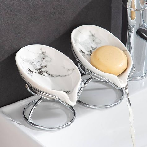 Amazon.com: Dobbyby Leaf-Shaped Soap Dish – Ceramic Soap Bar Holder with Self-Drainage System – Bar Soap Holder for Shower, Bathroom Sink, Kitchen – Soap Dish with Stainless Steel Stand (White-Gold-2 Pack) : Home & Kitchen Soap Bar Holder, Soap Dish Ceramic, Soap Stand, Pumice Stones, Bathroom Soap Holder, Bar Soap Holder, Cabin Bathroom, Dish Ceramic, Intuitive Design