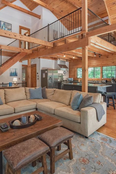 Ranch House With A Loft, Cabin Staircase, Luxury Cabin Interior, Log Home Bathrooms, Log Cabin Living Room, Quality Time With Friends, Woodland Retreat, Pine Cabin, Log Cabin Living