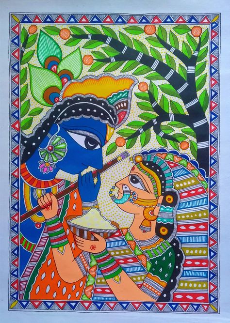 Kalamkari Radha Krishna Painting, Easy Mithila Painting, Madhubani Wall Painting, Madhubani Painting Easy, Radha Krishna Madhubani Painting, Ganpati Drawing, God Drawings, Mithila Art, Buddhist Architecture