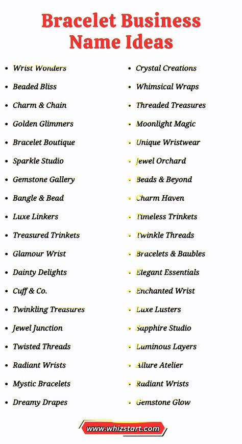 Are you searching for the perfect name for your bracelet business? You’re in the right place! In this article, we’ll explore a variety of creative bracelet business name ideas for naming your bracelet business to help you find the ideal name for your brand. Business Name Ideas For Bracelets, Bracelet Shop Names Ideas, Name For Beads Business, Bracelet Names For Business, Bracelet Small Business Name Ideas, Beaded Bracelets Name Ideas, Clay Bead Business Name Ideas, Aesthetic Names For Small Business, Bracelet Business Poster Ideas